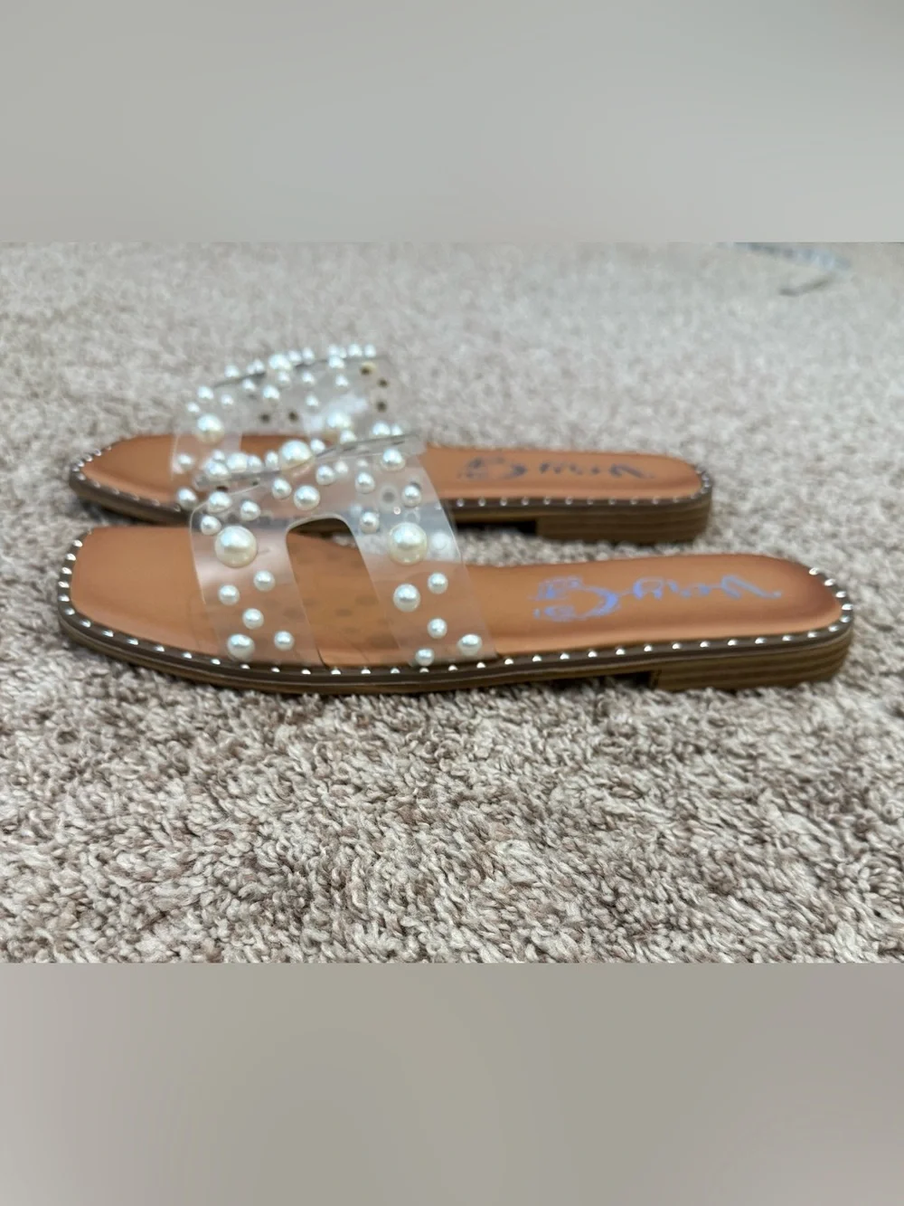 Very G Tan Slide Sandals with Clear Pearl Studded Straps - Picture 2 of 4